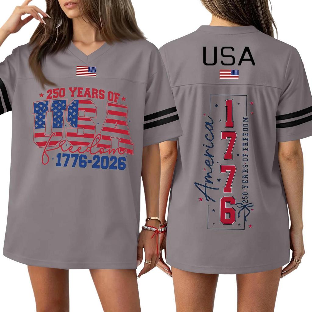 T-shirt Sport Haut Casual Mode Femme Col en V Impression Jour de l'Indépendance Manches Courtes