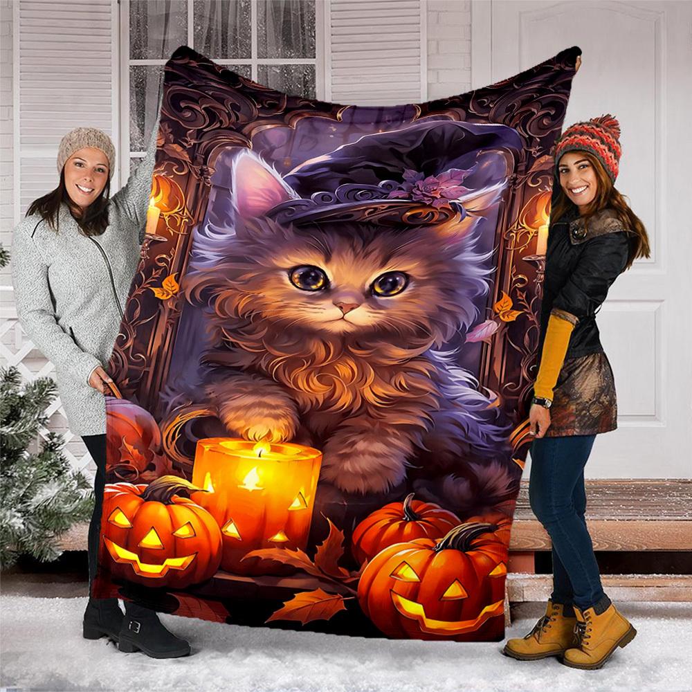 1pc Witch Hat Kitty Art Throw Blanket Polyester Fiber, Lightweight Flannel, Soft & Warm, All Season Use for Outdoor, Camping Digital Print