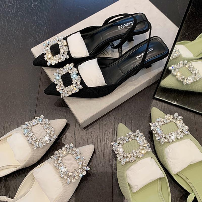 French pointed high-heeled sandals 2025 summer square buckle rhinestone pointed shallow mouth rear empty thin high-heeled sandals women's summer