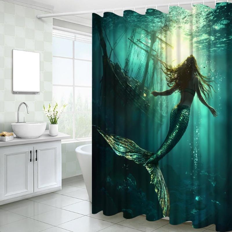 Monika Chen Mermaid Swimming Near Sunken Ship Shower Curtain Waterproof Easy To Clean Privacy Protection Print Fantasy Ocean Art Design