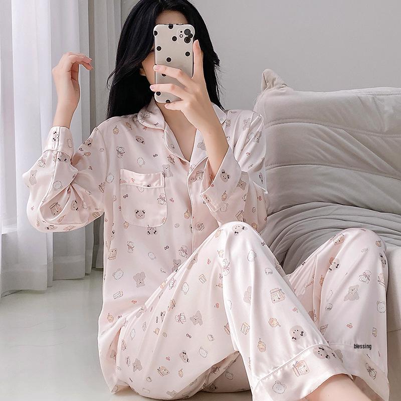 Women's Age-Defying Ice Silk Doll Print Pajama Set - Long Sleeve Autumn Sleepwear
