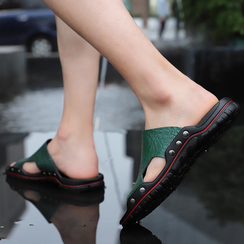 Zapatillas planas de verano para hombre, sandalias deslizantes extra anchas, sandalias de cuero suaves informales con punta abierta para la playa al aire libre