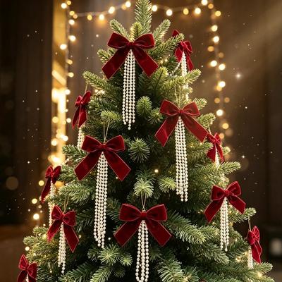5 Peças Enfeites de Árvore de Natal com Laço de Veludo Pérola Decoração de Árvore de Natal Pingentes Pendurados Decoração de Janela Parede Festa em Casa Presente de Ano Novo 2027