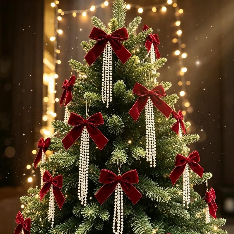 5PC Pearl Flocking Bow Christmas Tree Ornaments Xmas Tree Decor Hanging Pendants Window Wall Decor Home Party 2027New Year Gift