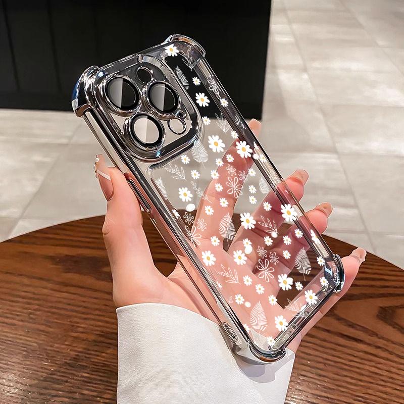 Phone Case For Xiaomi Note 15 14 13 Pro Plus 5G 12 11 11S 4G Redmi 15C 15 14C 12C 10C Plating Cute Clear Daisy Shockproof Cover