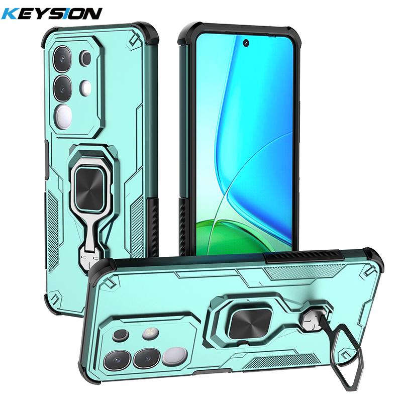 KEYSION Shockproof Armor Case for VIVO Y29 4G Soft Silicone+PC Upright Metal Live Ring Stand Phone Back Cover for VIVO Y29