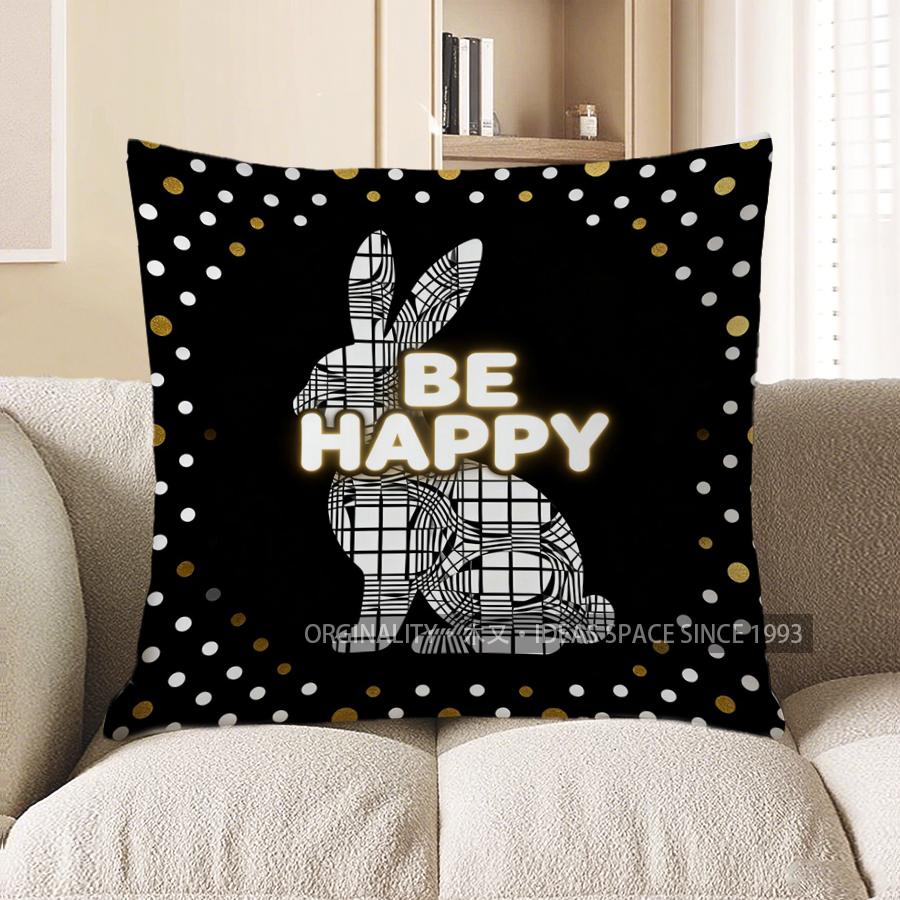 2D Checkered Bunny: Be Happy Polka Dot Pillow Pattern Cushion Cover Suitable For Sofa Bedroom Car Pillow Cover