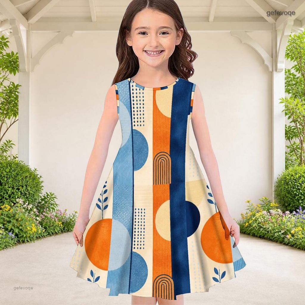 Girls Round Neck Sleeveless Geometric Printed A Line Flared Dress Blue Orange Beige