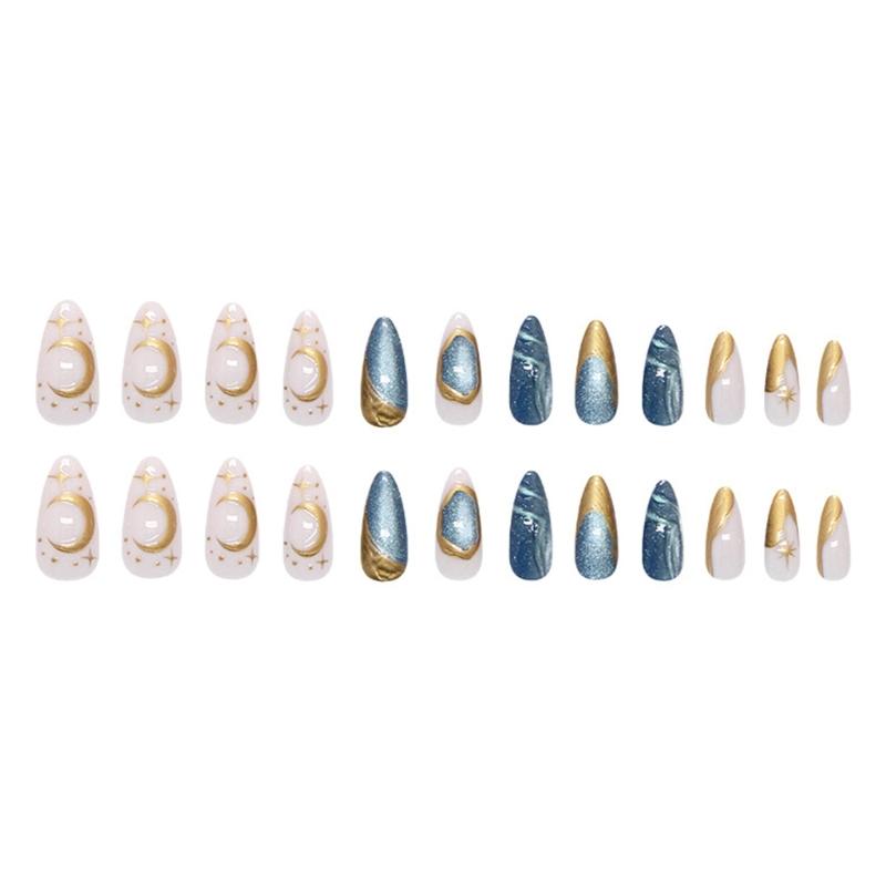 24Pcs Artificial Nail Sparkling Cats Eye Effect and Deep Sea Star Glamours ABS Material for Effortless Application and Multiple Style