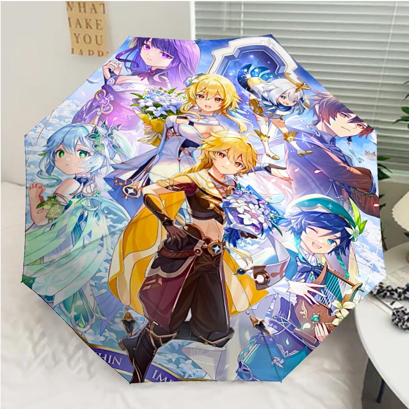 Genshin Impact characters1 Print Automatic Umbrella, 8 Rib Iron Frame, Plastic Handle, Suitable for Outdoor Travel &Daily , Ideal Gift