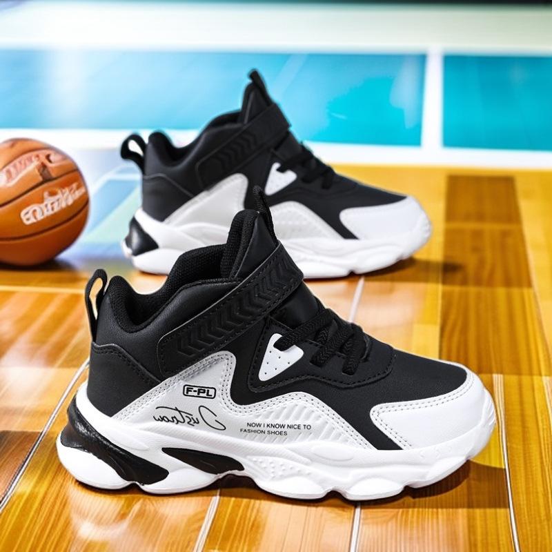 Cross-border children's shoes boys' sneakers 2024 autumn new leather waterproof medium and large boys wear-resistant basketball shoes