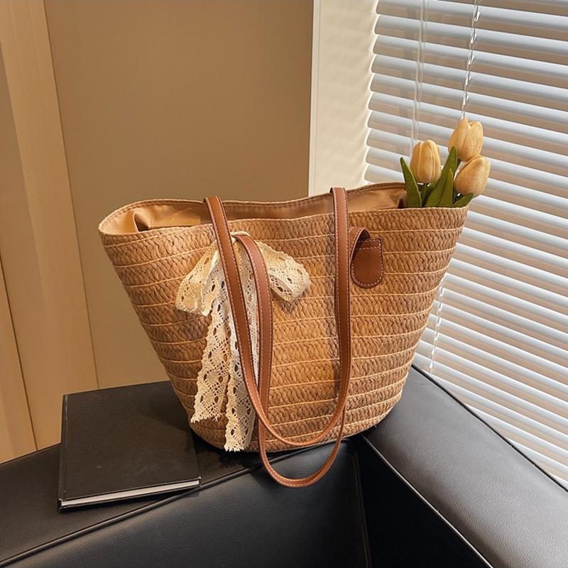 Women's Large Capacity New Vacation Beach Straw Shoulder Bag Woven Commuter Bucket Bag Basket Tote Bag
