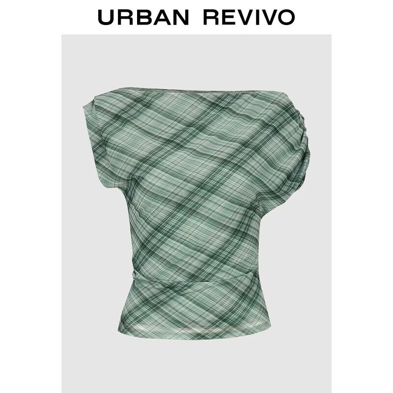 UR2026 Women s Trendy Color-block Plaid One-shoulder Pleated T-shirt M