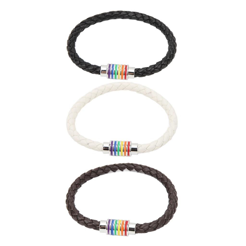 3PCS LGBTQ Bracelet Leather Stainless Steel Pride Woven Braided Magnet Lock Black Brown White LGBTQ Jewelry