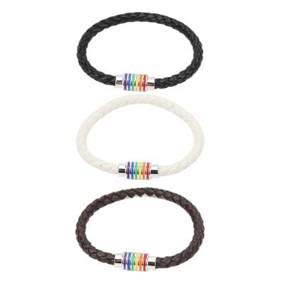 3PCS LGBTQ Bracelet Leather Stainless Steel Pride Woven Braided Magnet Lock Black Brown White LGBTQ
