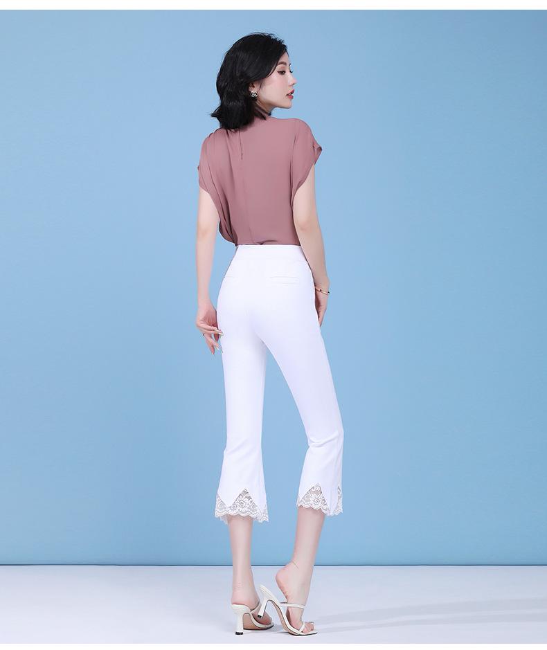 Women's High Waist Lace Flare Pants - White, Elastic, Plus Size, Slimming, Casual, Thin, Seven-Point Length, Summer Style