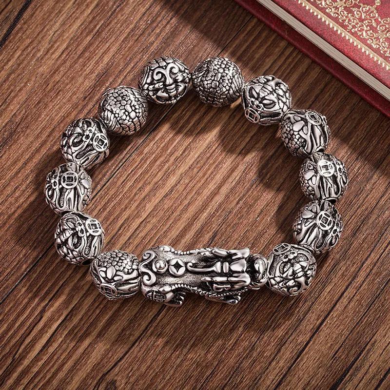 Men's Pixiu Thai Silver Dragon Head Prayer Beads Bracelet