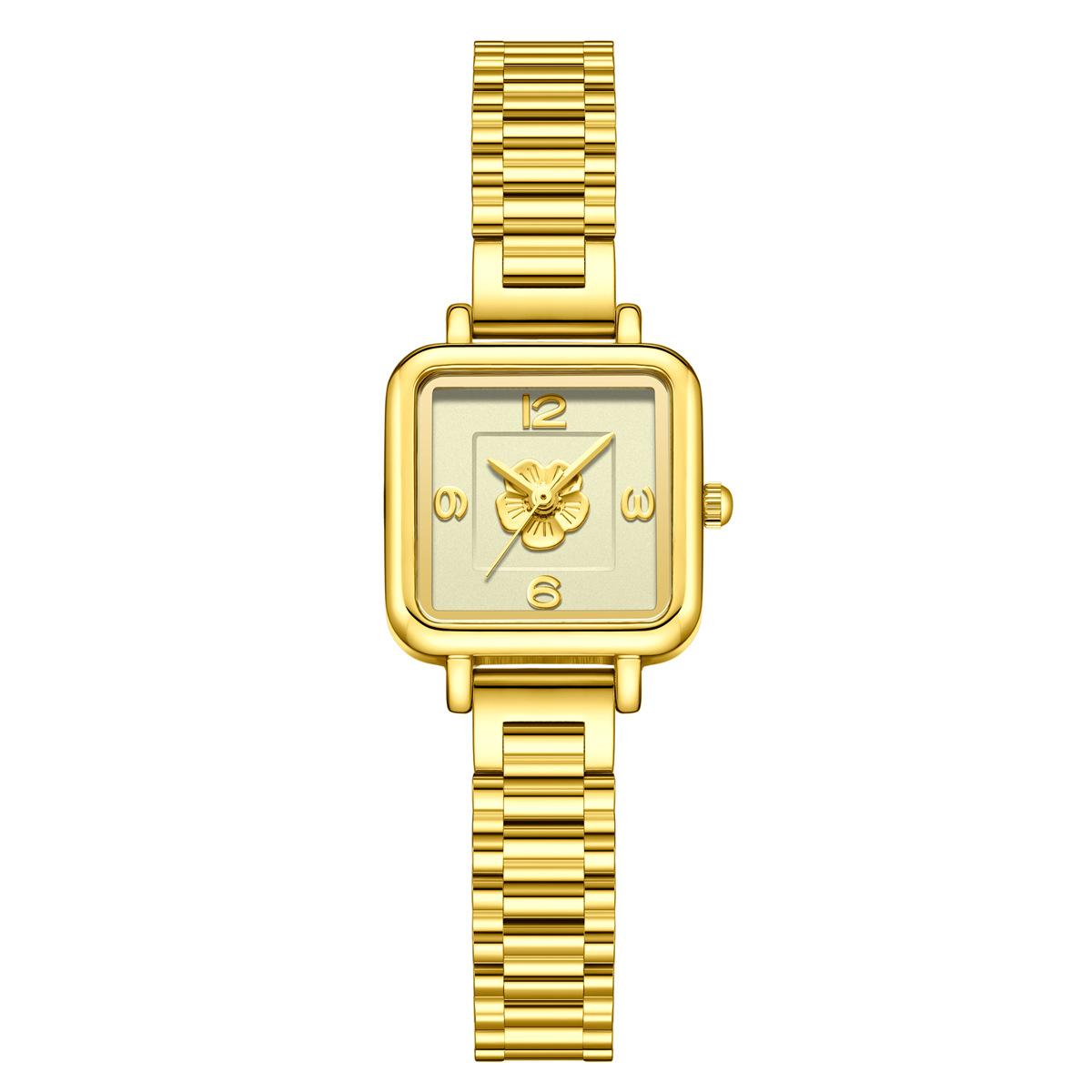 

Medieval Black Gold Small Square Watch Light Luxury Niche Temperament High Sense Camellia Women Steel Belt Quartz Watch