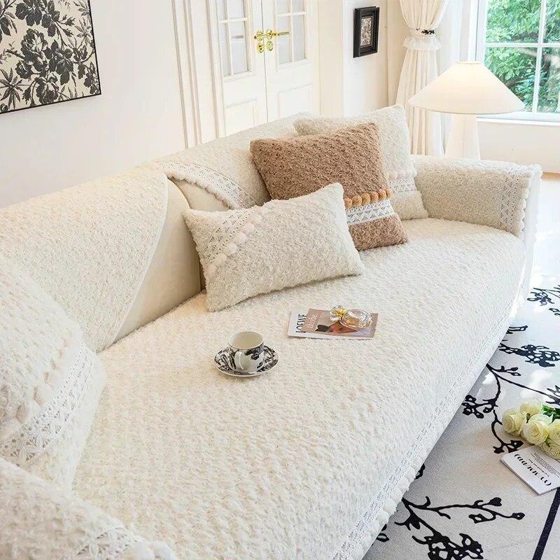 Cream Style Plush Sofa Mat Four Seasons Universal Anti Slip Seat Cushion Fur Ball Edge Autumn  Winter Leather Sofa Cover