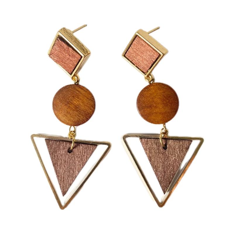 Korean Version Retro Style Natural Wood Geometric Triangle Round Earrings Long Temperament Generous