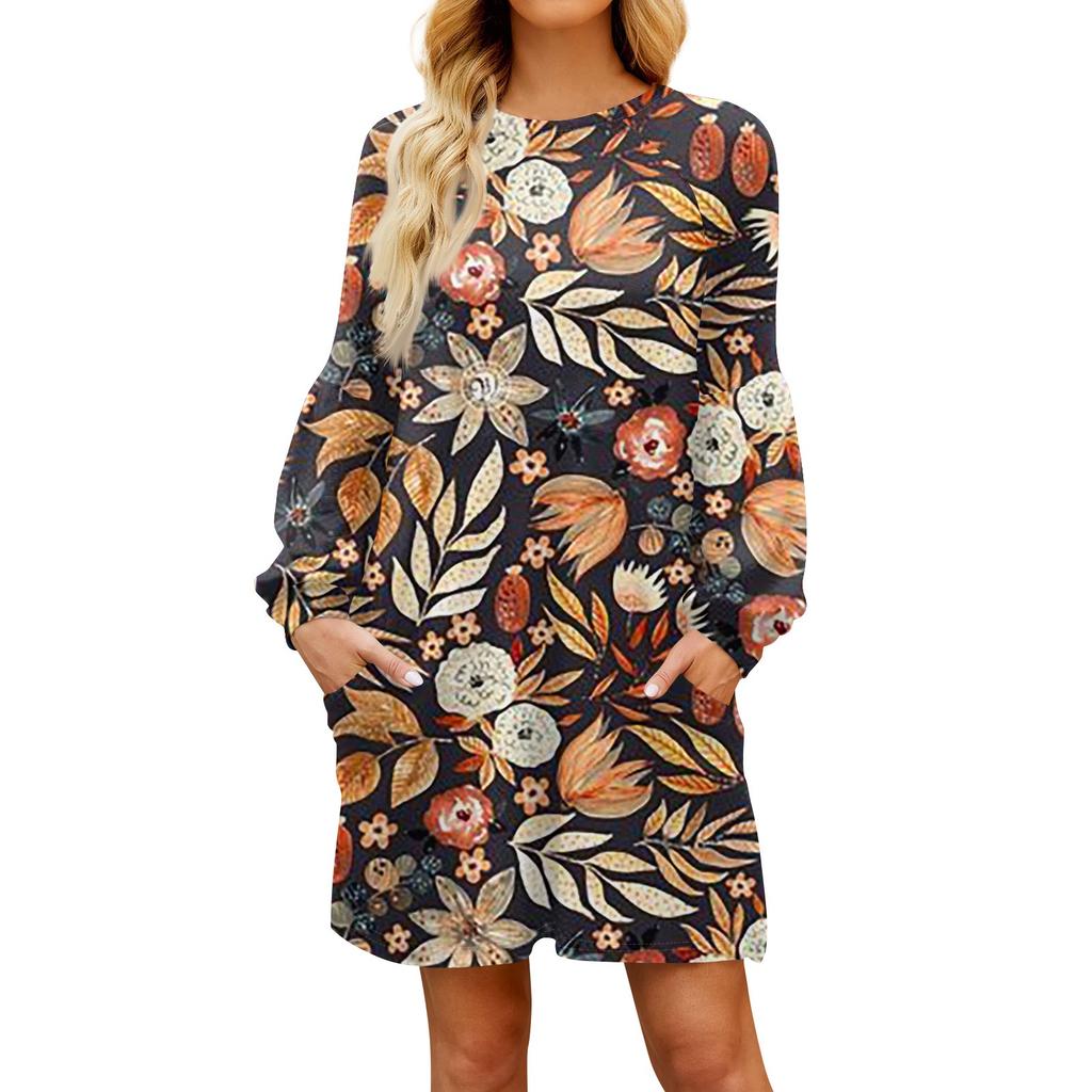 Moda Kadın Uzun Kollu A Kesim Elbise Sonbahar Rahat Kazak Yuvarlak Yaka Bol Kesim Elbise Cepli