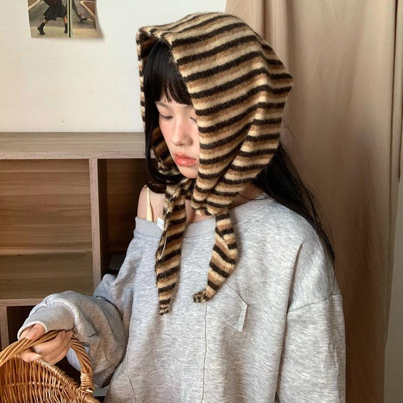 British Wool Triangle Scarf Knitted Stripe Print Triangular Scarf Women Headscarf Multifunctional Warm Knitted Neckerchief Scarf