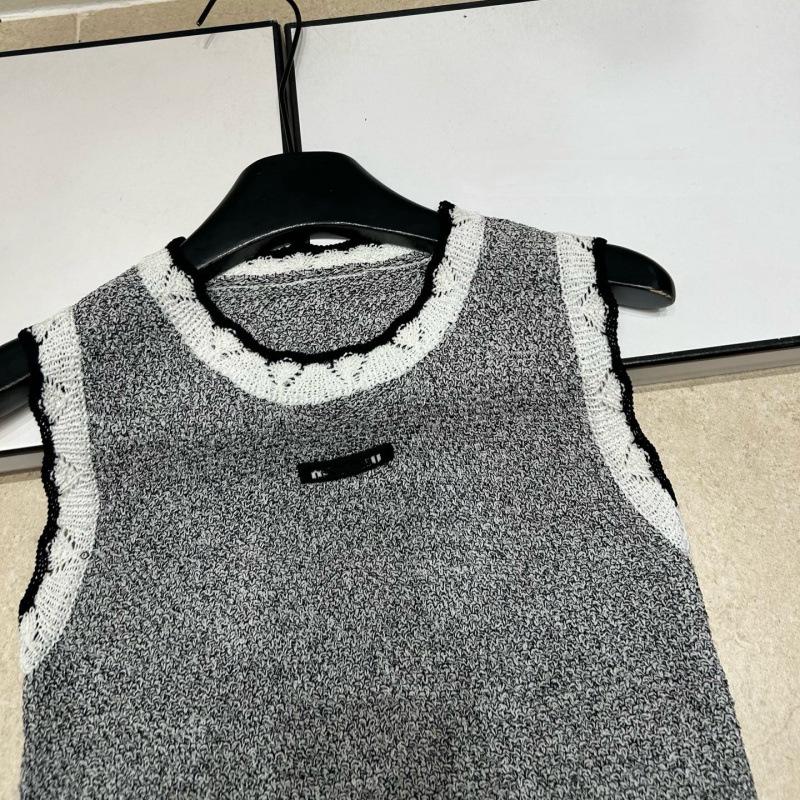 Miu-Style Color Block Lace Collar Knit Vest - Slimming Summer Top