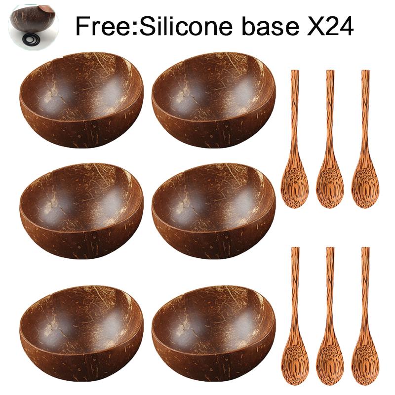 Coconut Bowl Set Natural Handmade Coconut Shell Tableware Wood Spoon Dessert Fruit Salad Mixing Rice Ramen Wooden Bamboo Bowl