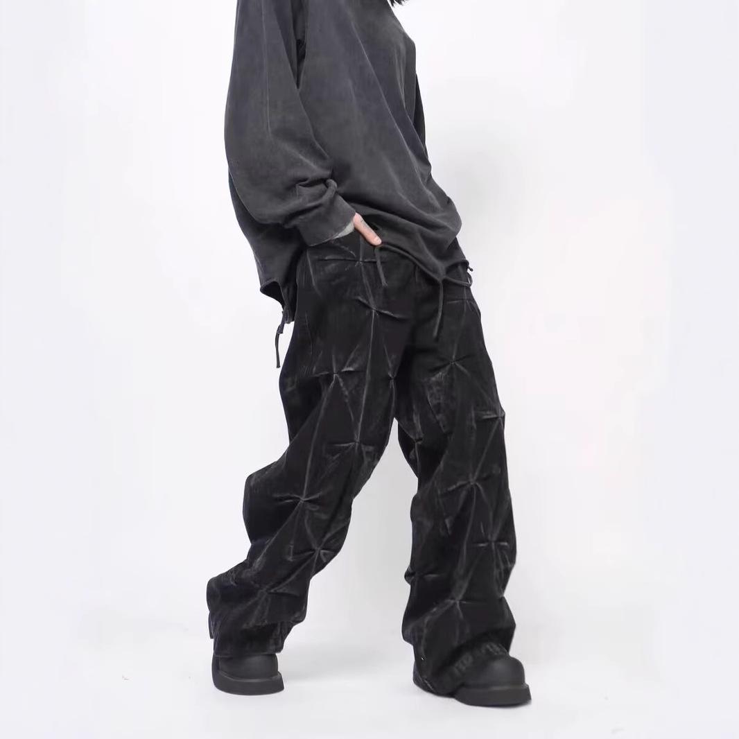 JYL Unisex Wide-Leg Jeans American Washed Tie-Dye Strap Trendy Denim Pants M алиса синий