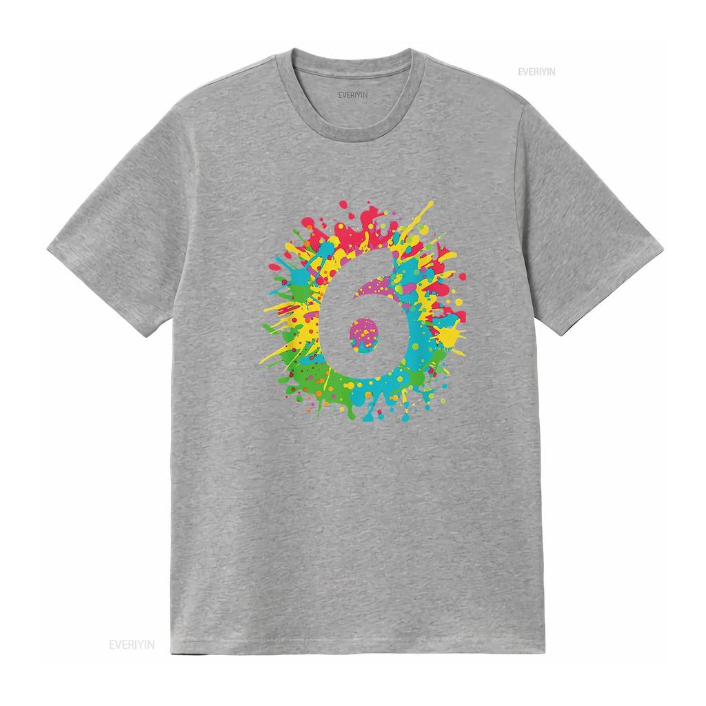 Womens 6Th Birthday T Shirt For Girls Boys 6 Paint Splashes Black 2XL Vintage Washed Graphic Comfortable Unisex Stretched