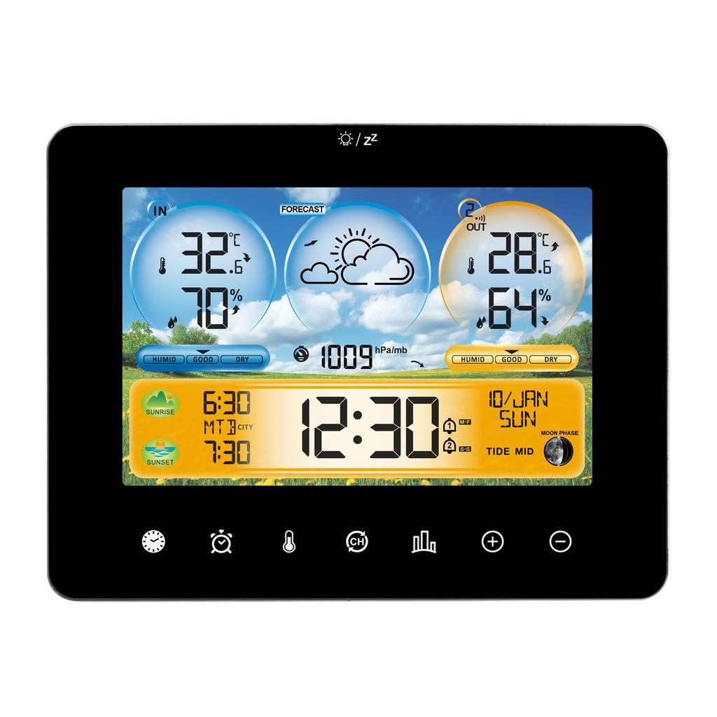 Smart Weather Station Wall Alarm Clock Color Touch Screen Thermometer Hygrometer Sun Time Moon Phase Barometer Forecast Sensor