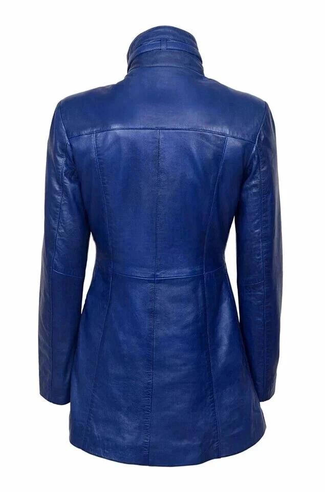 Lambskin Genuine Stylish Casual Fit Soft  Women Trench Coat Blue Handmade Leather Lambskin Genuine Stylish Casual Fit