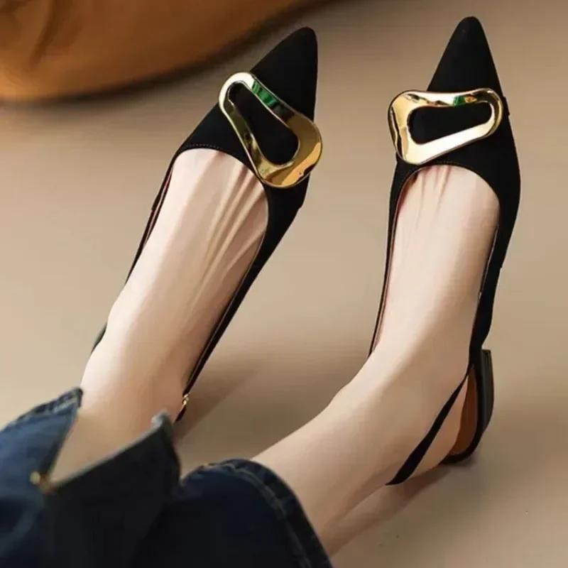 Low Sandals Woman Leather Low-heeled Rome Fabric Rubber Slides Hoof Heels PU Retro Metal Buckle Flat Shoes Zapatos De Mujer