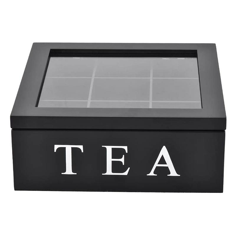 Vintage Wooden Tea Box 9 Grids Jewelry Organizer Display Case with Clear Lid for Coffee Tea Bags Storage Home Desktop Decor