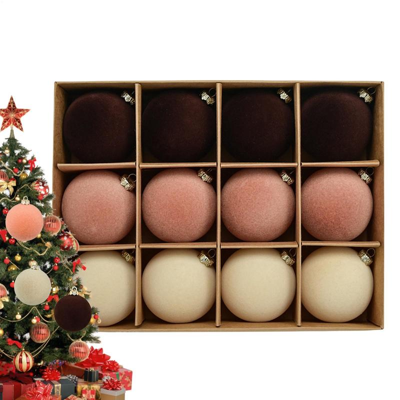 12Pcs Decorative Flocked Velvet Christmas Balls for Tree Ornaments Christmas Tree Decoration with Tree Pendants Party Supplies