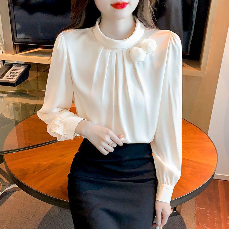 Women's Slim Fit Satin Stand Collar Shirt - Spring/Autumn Casual Long Sleeve Solid Color.