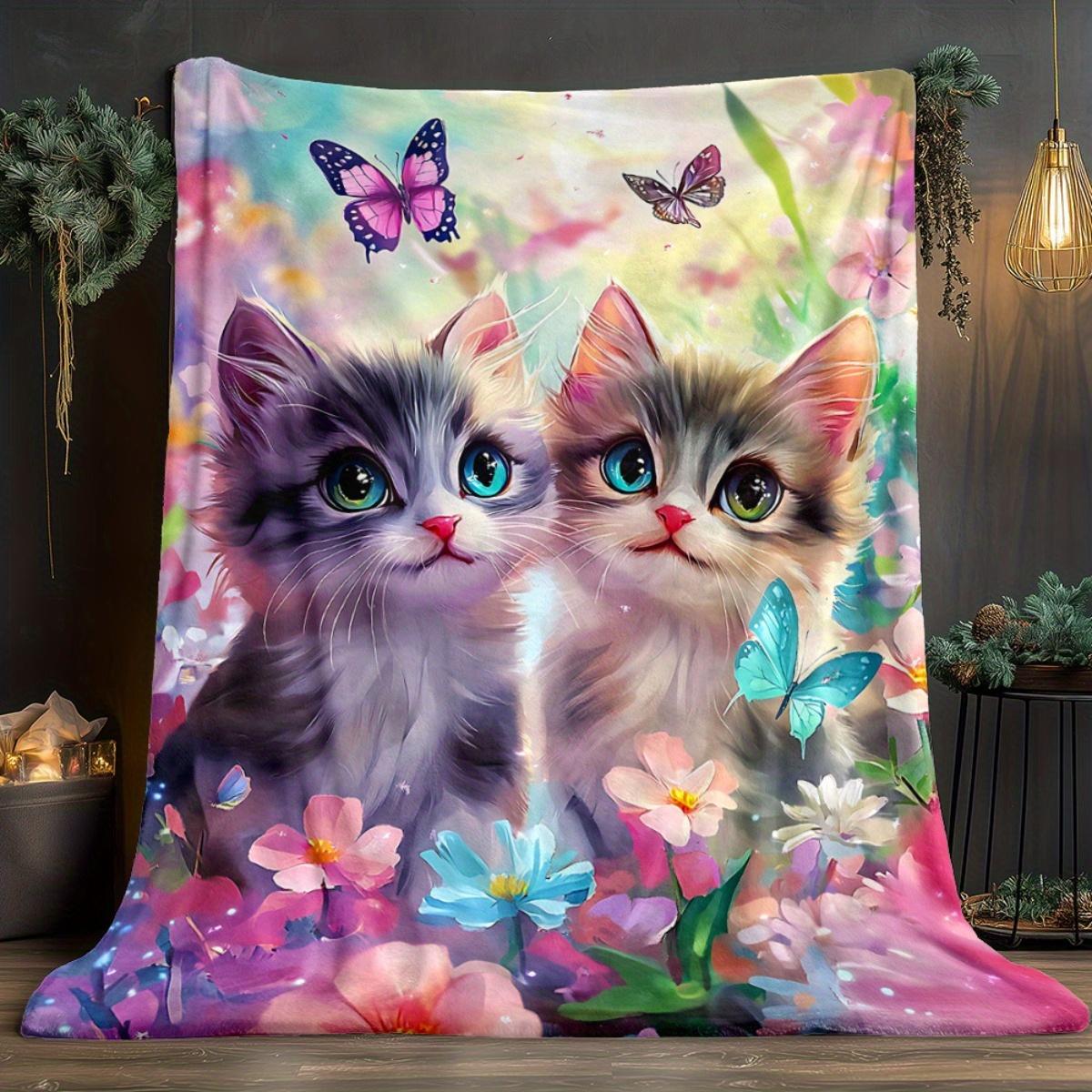 Charming Cat Blanket with Butterflies and Flowers, Perfect for Kids Room Decor, Ideal Gift for Cat Lovers 75X95CM