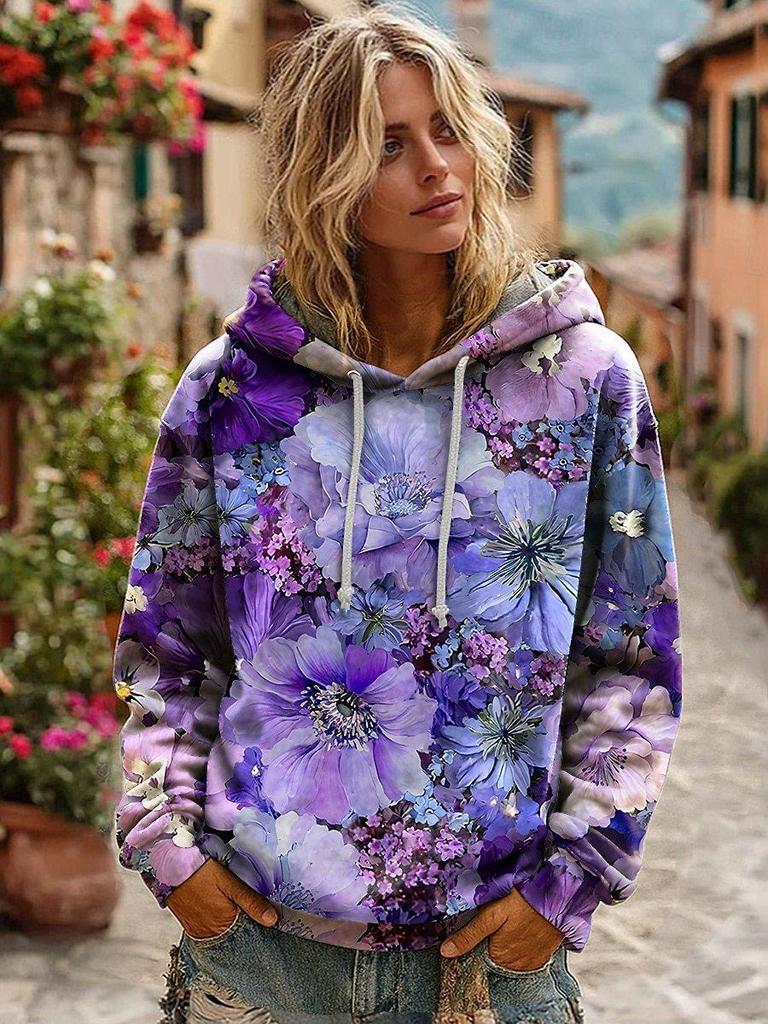 WWomen's Floral Print Flower Hoodie Top Long Sleeve Crew Neck Pullover Sweatshirt