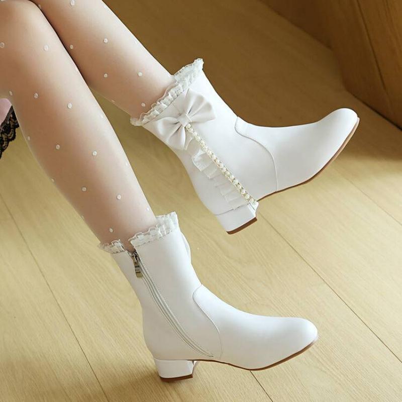 Autumn and winter girls Martin boots pink princess shoes side zipper medium and older children's shoes new Lolita children's low boots women