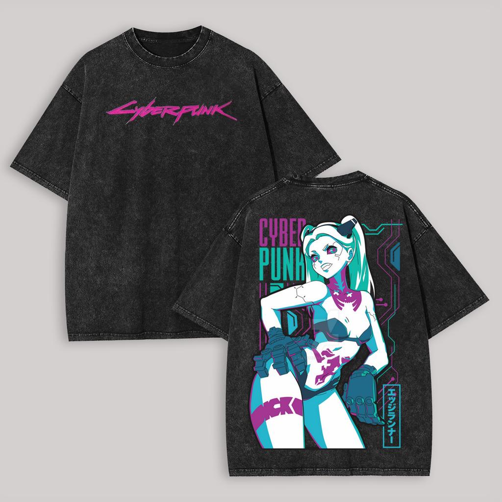 T-shirt Lavata con Stampa Cyberpunk per Amanti degli Anime Abbigliamento per Tutto l'Anno Alta Qualità Personalità Vestiti Taglie Forti Unisex Nuovo Modello Maglietta per Coppie