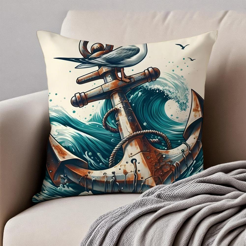 MMarine Theme Rudder Anchor Pillow Nautical Cushion Cover Pillowcase Antidustmite Invisible Zipper Short Plush Sofa Cushion