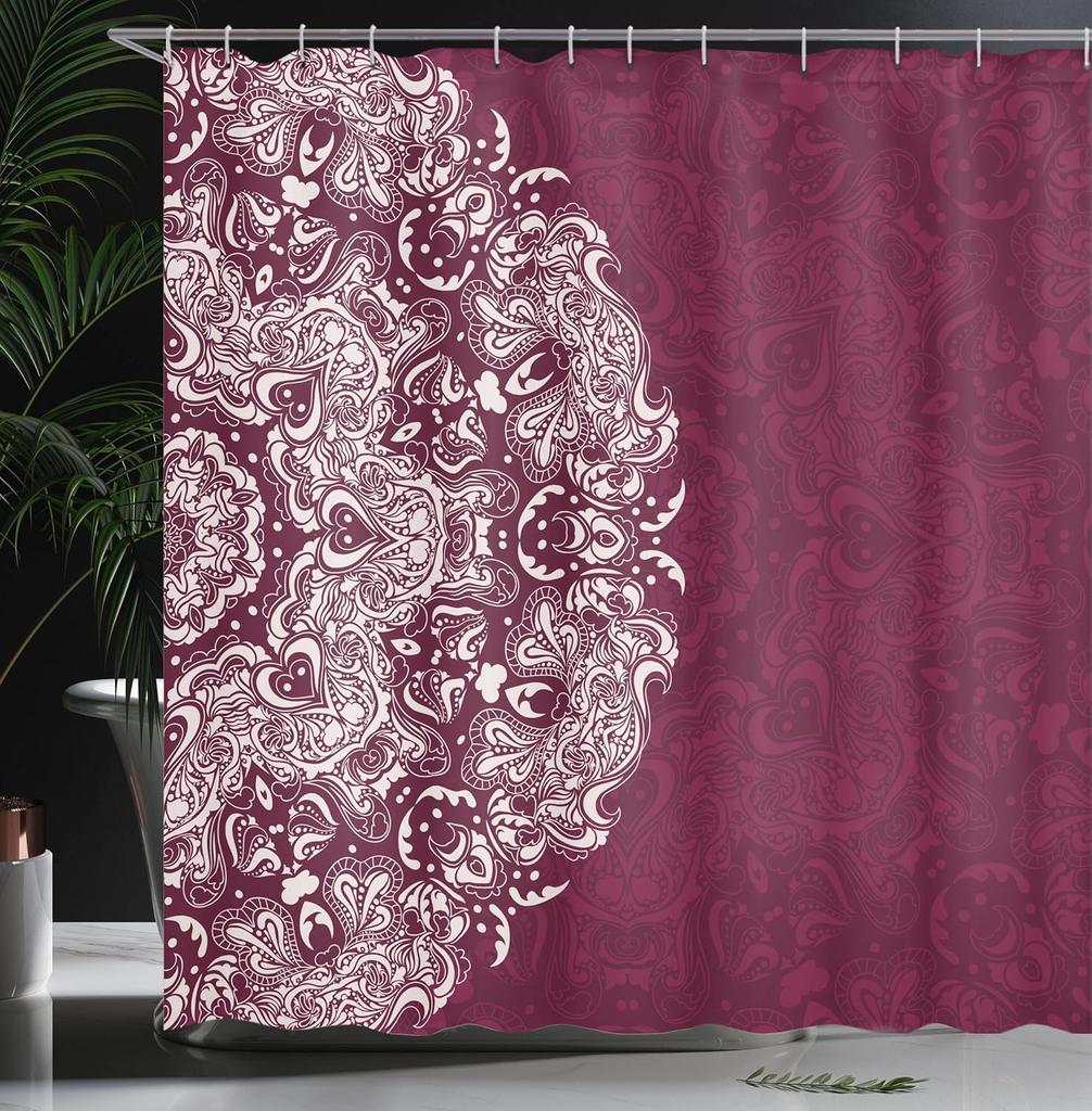 Burgundy Mandala Shower Curtain Boho Floral Pattern Elegant Bathroom Decor Linen160X180