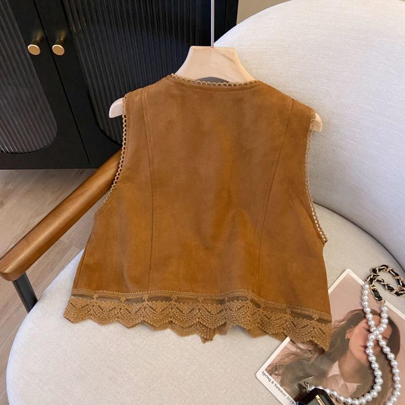 Women Lace Patchwork Suede Vest Casual Loose Fit Bohemian Cardigan