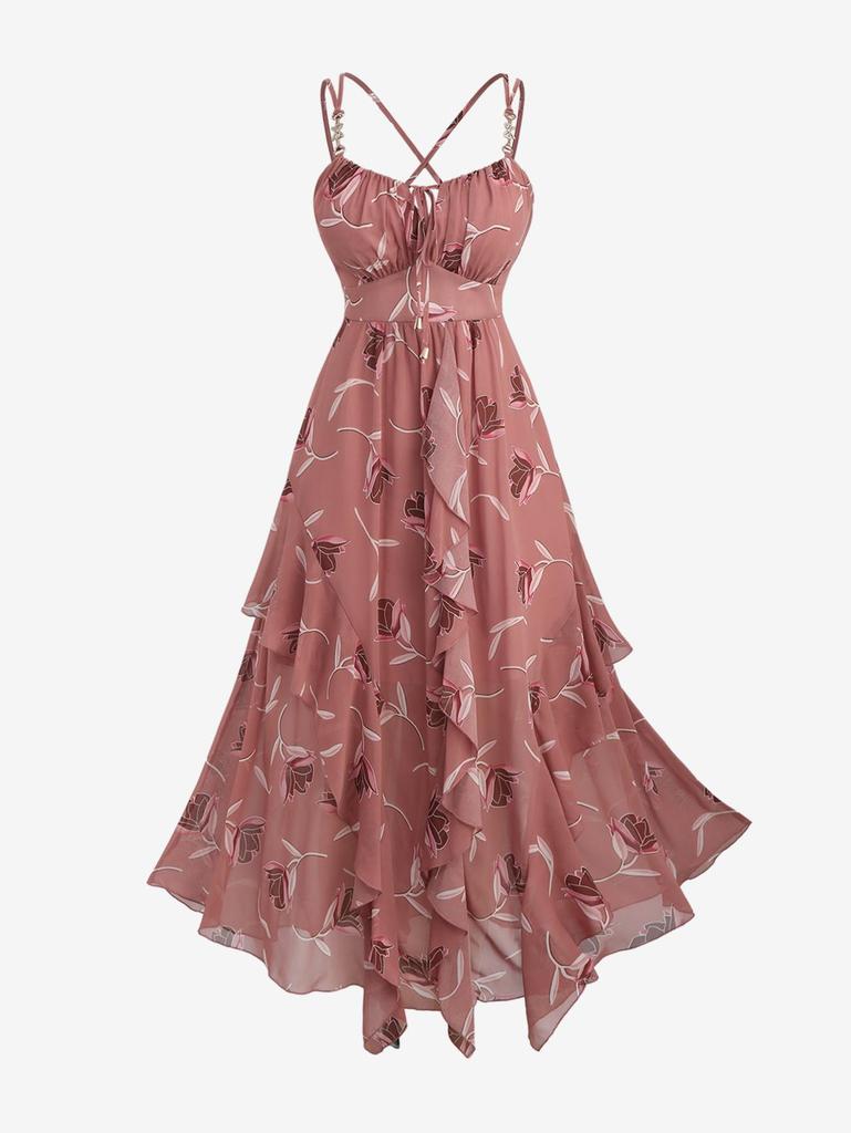 Rosegal Plus Size Floral Leaves Printed Crisscross Strappy Butterfly Buckle Decor Ruffles A Line Cami Dress