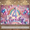 2D Kids 4th Birthday Backdrop with Gifts, Cake & Rainbow for Toddler Party