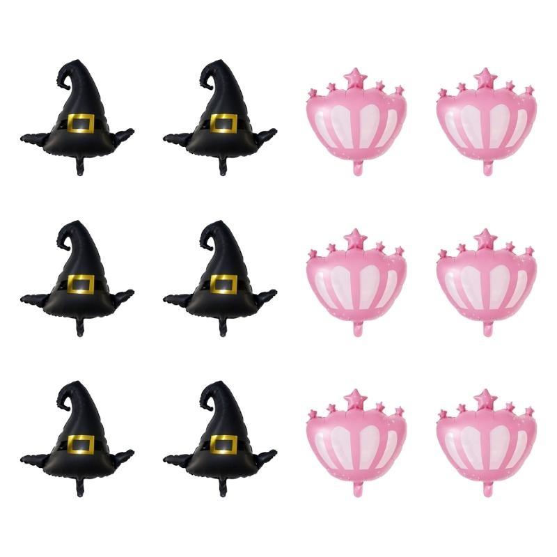 12Pcs Wicked Birthday Party Supplies with Black Witch Hat Balloons and Pink Princess Crown Balloons for Festival Decors