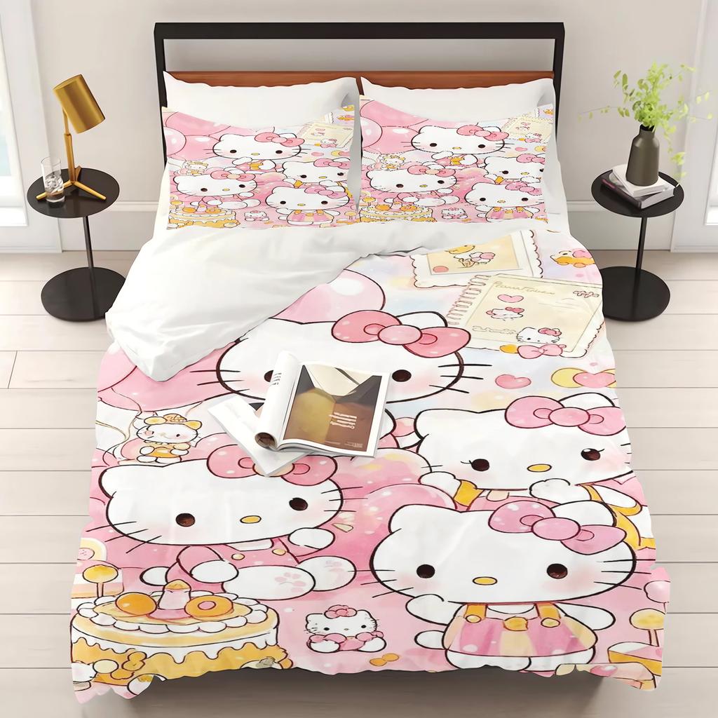 Zestaw pościeli do sypialni z nadrukiem Hello Kitty Poszewka na kołdrę Prezenty świąteczne Komfortowy Kreskówka Z poszewką na poduszkę