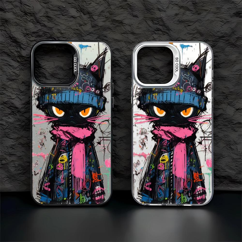 Graffiti Black Cat Phone Case for iPhone 17/16/15/14 Plus/13/12/11 Pro Max Cool Street Art Pattern Protective Shell