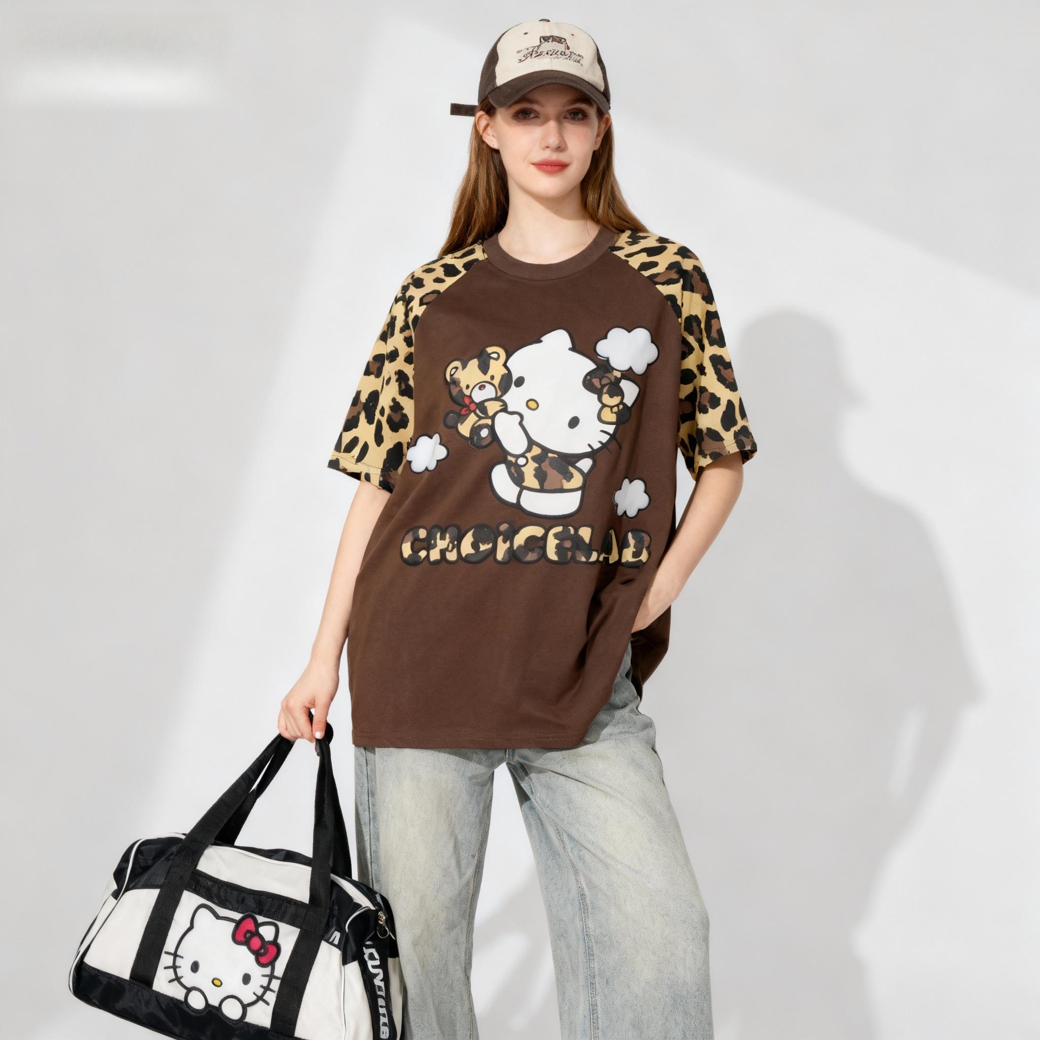 Camouflage Hello Kitty Shirt, Sweet and Cool Street Style, Summer Women s T-shirt, Loose Top XXS