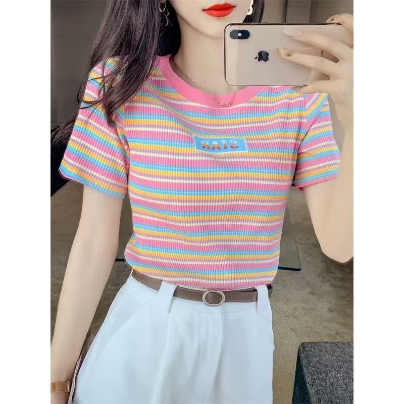 Women s Fashion Striped Letter Short Sleeve T-shirt M